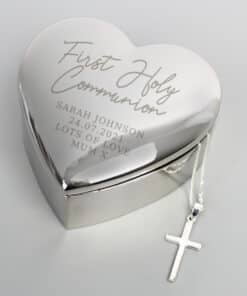 Personalised First Holy Communion Heart Trinket Box & Cross Necklace Set