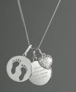 Personalised Sterling Silver Footprints and Cubic Zirconia Heart Necklace