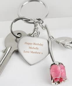 Personalised Silver Plated Pink Rose Keyring