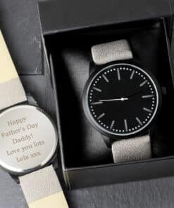 Personalised Mens Matte Black Watches with Grey Strap and Presentation Box