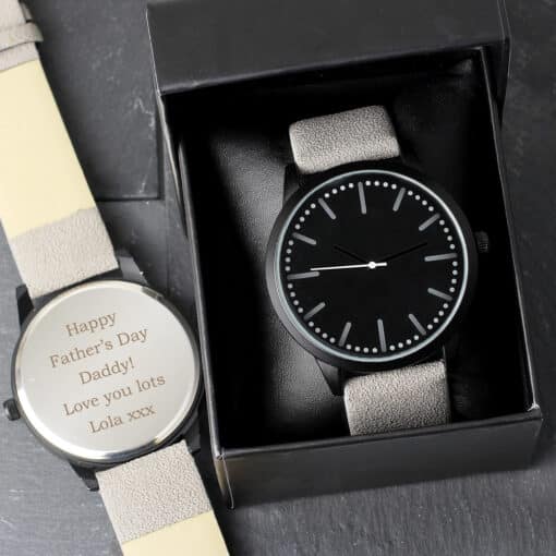 Personalised Mens Matte Black Watches with Grey Strap and Presentation Box