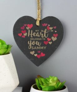 Personalised 'My Heart Belongs To You' Confetti Hearts Printed Slate Heart Decoration