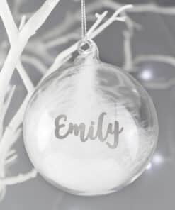 Personalised Silver Glitter Name Only Feather Glass Bauble