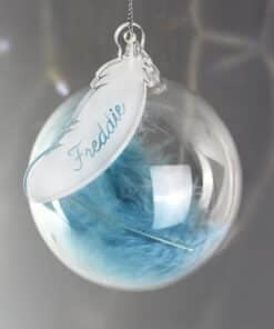 Personalised Blue Feather Glass Bauble