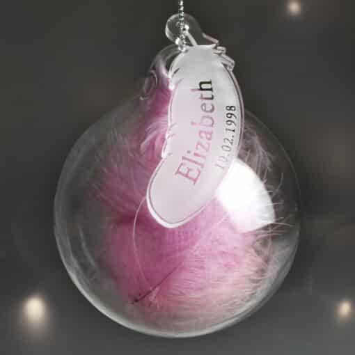 Personalised Name & Date Pink Feather Glass Bauble