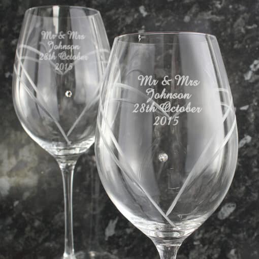 Personalised Hand Cut Diamante Heart Wine Glasses with Swarovski Elements
