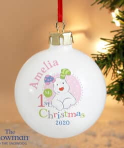 Personalised The Snowman and the Snowdog My 1st Christmas Pink Bauble