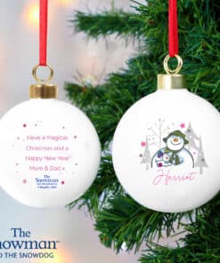Personalised The Snowman and the Snowdog Pink Bauble