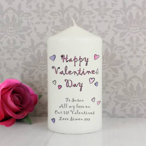 Personalised Flowers and Butterflies Happy Valentines Day Pillar Candle