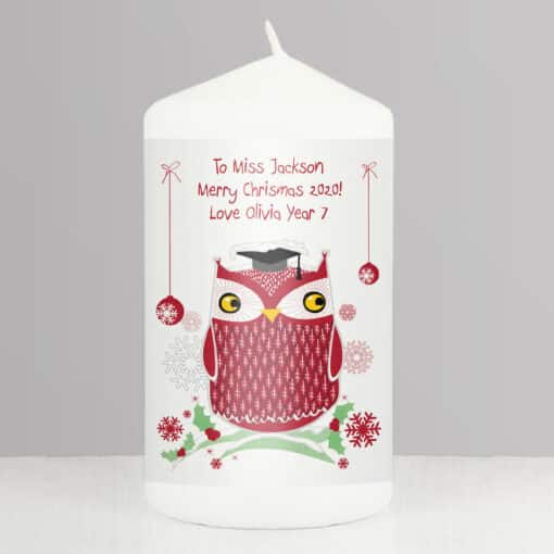 Personalised Christmas Owl Teacher Pillar Candle