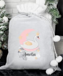 Personalised Swan Lake Luxury Silver Grey Pom Pom Sack