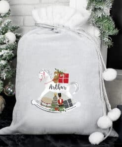 Personalised Rocking Horse Luxury Silver Grey Pom Pom Sack