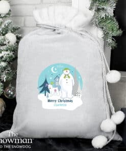 Personalised The Snowman and the Snowdog Luxury Silver Grey Pom Pom Sack