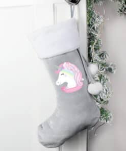 Personalised Christmas Unicorn Luxury Silver Grey Stocking