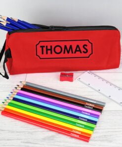 Red Pencil Case with Personalised Pencils & Crayons