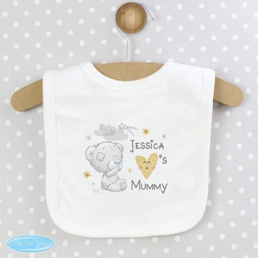 Personalise this Me To You Tiny Tatty Teddy I Heart Baby Bib with two names up to 12 characters in length.