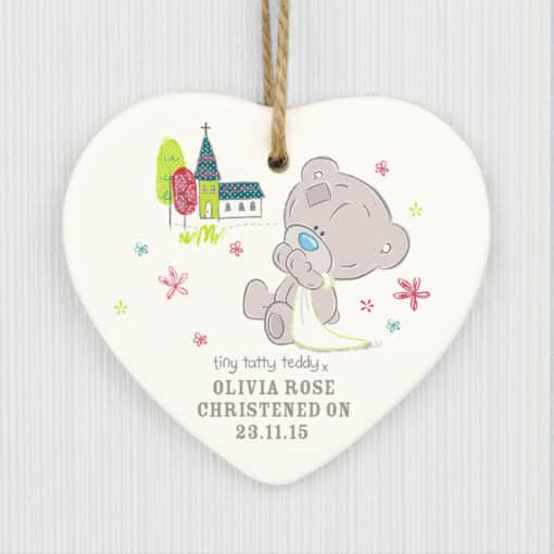 Personalised Tiny Tatty Teddy Christening Ceramic Heart Decoration