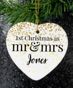 Personalised Mr and Mrs 1st Christmas Ceramic Heart Decoration