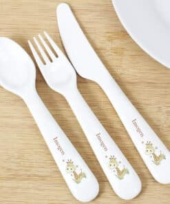 Personalised Hessian Giraffe 3 Piece Plastic Cutlery Set