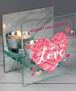 Personalised 'All You Need is Love' Confetti Hearts Glass Tea Light Candle Holder