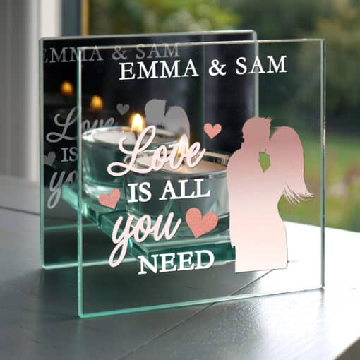 Personalised 'Love is All You Need' Mirrored Glass Tea Light Candle Holder
