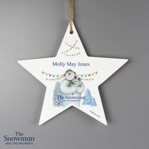 Personalised The Snowman and the Snowdog Wooden Star Decoration
