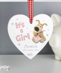 Personalised Boofle It's a Girl Wooden Heart Decoration