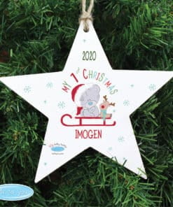 Personalised Tiny Tatty Teddy My 1st Christmas Sleigh Wooden Star Decoration