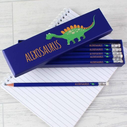 Personalised Dinosaur Box of 12 Blue HB Writing Pencils