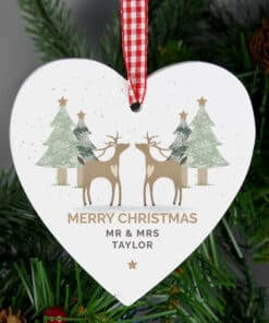 Personalised Reindeer Couple Wooden Heart Decoration