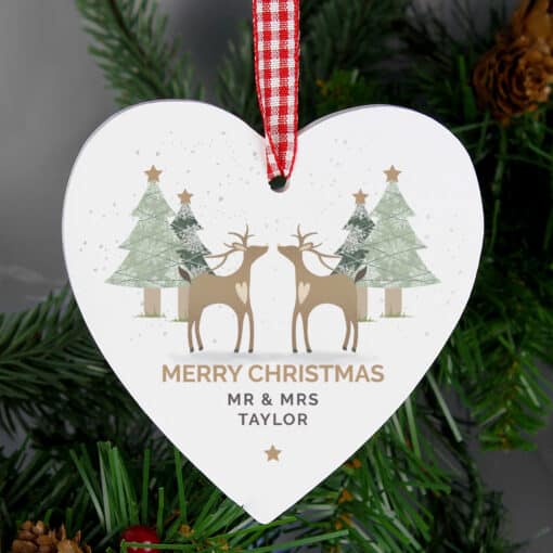 Personalised Reindeer Couple Wooden Heart Decoration