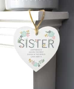 Personalised Sister Floral Wooden Heart Decoration
