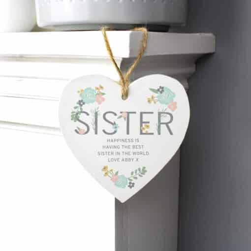 Personalised Sister Floral Wooden Heart Decoration
