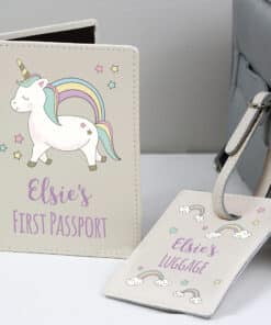 Personalised Baby Unicorn Cream Passport Holder & Luggage Tag Set
