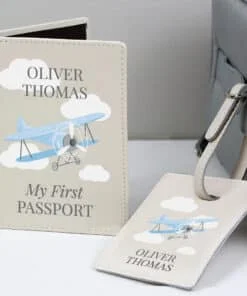 Personalised Blue Plane Passport Holder & Luggage Tag Set