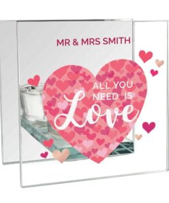 Personalised ‘All You Need is Love’ Confetti Hearts Glass Tea Light Candle Holder