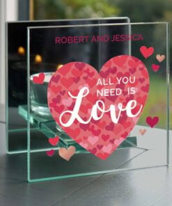 Personalised ‘All You Need is Love’ Confetti Hearts Glass Tea Light Candle Holder