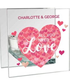 Personalised ‘All You Need is Love’ Confetti Hearts Glass Tea Light Candle Holder
