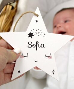 Personalised Baby Moon Wooden Star Decoration