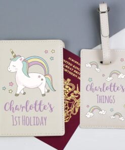 Personalised Baby Unicorn Cream Passport Holder & Luggage Tag Set