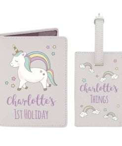 Personalised Baby Unicorn Cream Passport Holder & Luggage Tag Set