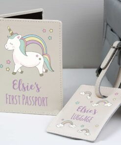 Personalised Baby Unicorn Cream Passport Holder & Luggage Tag Set