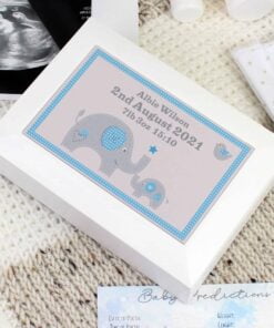 Personalised Blue Baby Elephant White Wooden Keepsake Box