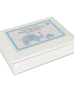 Personalised Blue Baby Elephant White Wooden Keepsake Box