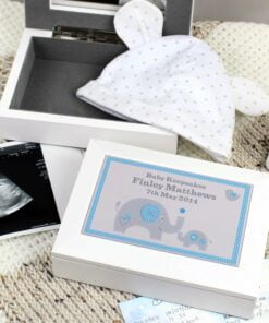 Personalised Blue Baby Elephant White Wooden Keepsake Box