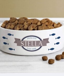 Personalised Blue Fish 14cm Medium White Pet Bowl