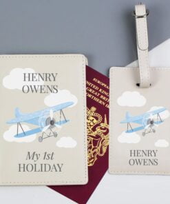 Personalised Blue Plane Passport Holder & Luggage Tag Set