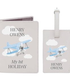 Personalised Blue Plane Passport Holder & Luggage Tag Set