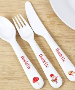 Personalised Christmas Toadstool Santa 3 Piece Plastic Cutlery Set