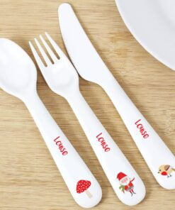 Personalised Christmas Toadstool Santa 3 Piece Plastic Cutlery Set